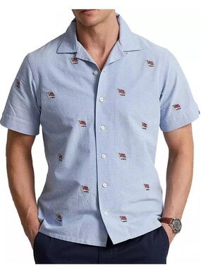Polo Ralph Lauren Button Up Blue Flag Embroidered Short Sleeve Oxford LT NWT
